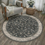 HUGEAR 4ft Round Black Beige Vintage Floral Washable Rug for Living Room by HUGEAR