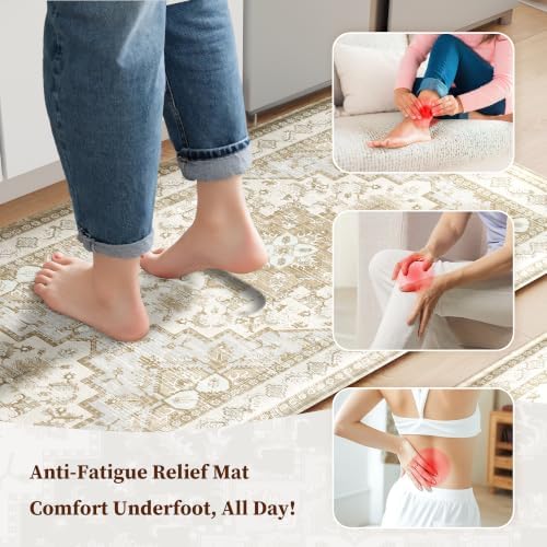 Boho Kitchen Mats for Floor 2PC Anti Fatigue Kitchen Rugs, Beige Tan - Image 3