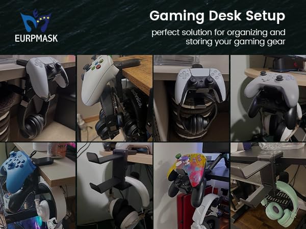 3in1 Rotating Headphone Holder - EURPMASK 3in1 PC Gaming Headset Holder w/Detachable Controller Holder, Adjustable Clamp-on Headset Stand,Headphone Hanger Hook Under Desk w/Cable Clip Organizer