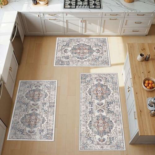 Washable Kitchen Rug Set of 3: Boho Non-slip Soft Stove Sink Mat Light Weight Stain Resistant Carpet for Dog Bowl Area Comfort Tile/Hardwood Floors Protection Mat for Entryway Foyer(2x3+2x4+2x5,Brick) by HYHAOYUNLAI