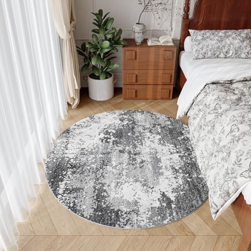 Round Area Rugs 4ft Washable Grey Circle Rug for Entryway Kitchen, Non Slip Soft Low Pile Stain Resistant, Boho Circular Carpet for Living Room Bedroom Dorm Dining Room Table, Abstract Gray - Image 4