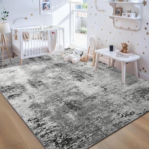 Living Room Rug 7x10 Gray Area Rugs Machine Washable Abstract Boho Large Rug Non-Slip Non-Shedding Faux Wool Indoor Vintage Carpet for Bedroom, Classroom, Dining Room, Kids Playroom - Image 3