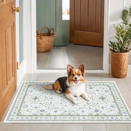 Blue and Green Washable Rugs 3x4 - Vintage Boho Floral Pastel Cream, Washable Low Pile Non Slip Small Throw Accent Area Rug for Bathroom, Door Mat Indoor Entrance, Kitchen, Bedroom Beside Bed Decor - Image 6