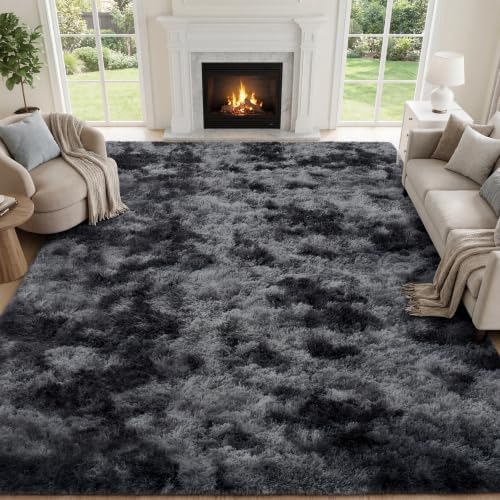 PLHXFR 9x12 Area Rugs Living Room: Fluffy Bedroom Soft Shag Rug Black Grey - Image 2