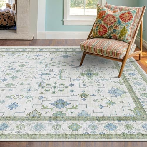 Blue and Green 4x6 Rugs for Small Living Room - Oushak Boho Pastel, Low Pile Non Slip Stain Resistant Throw Rug for Under Bed, Large Entryway, Kitchen, Floor Carpet Aesthetic Boys by HazoHaus