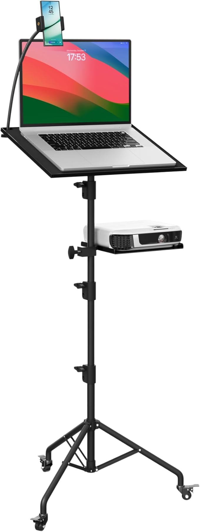 DYNAMO TECH Projector Stand Tripod Laptop Tripod with Wheels & Adjustable Height Portable Podium Stand with Phone Holder Projector Holder for Home, Office, School & DJ Matte Black