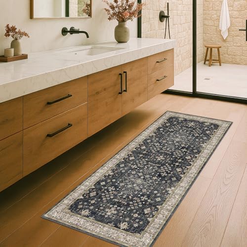 Black Entryway 2x5 Runner Rug, Small Throw Runners for Kitchen Bedroom Bathroom Laundry Room, Vintage Floral Decor & Non-Slip Low-Pile Washable Stain Resistant, Dark Ashen Charcoal - Image 6