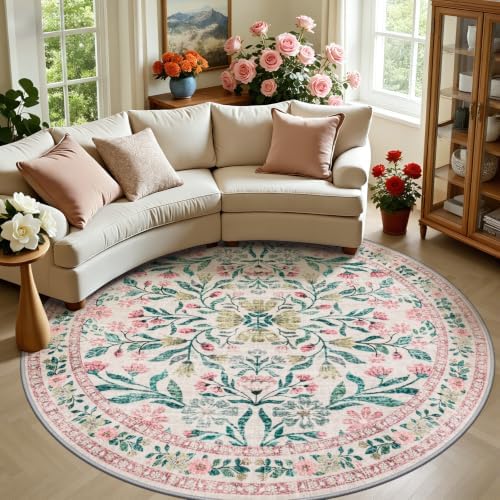 PLHXFR Round Area Rug Living Room: 8 ft Floral Washable Carpet Pink Green by PLHXFRSoftAreaRugs