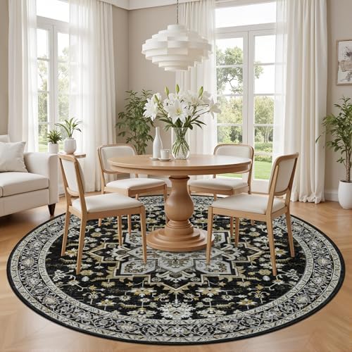 Round Area Rug for Living Room: 4ft Boho Washable Rug Black Gold - Image 3