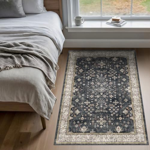 Large 3x5 Entryway Rug Indoor - Washable Non-Slip Low Pile Ultra Soft Area Rug for Large Kitchen, Bedroom Bedside, Mudroom - Distressed Boho Modern Aesthetic Geometric Decor, Ashen/Multi - Image 6