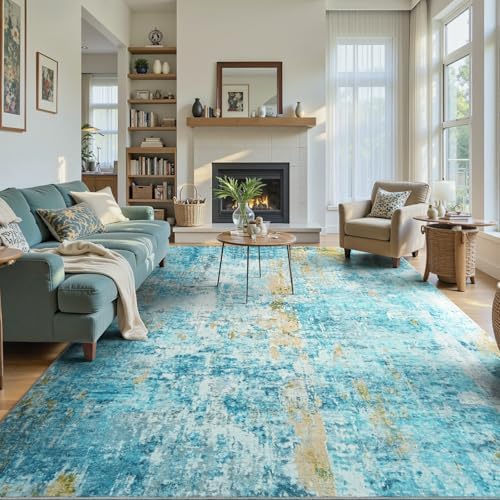 Ompaa Living Room Rug 6x9 Teal Blue Area Rug Machine Washable Boho Rug Non Slip Abstract Vintage Indoor Large Rugs for Bedroom, Classroom, College Dorm, Farmhouse, Dining Room, Kids Playroom - Image 4