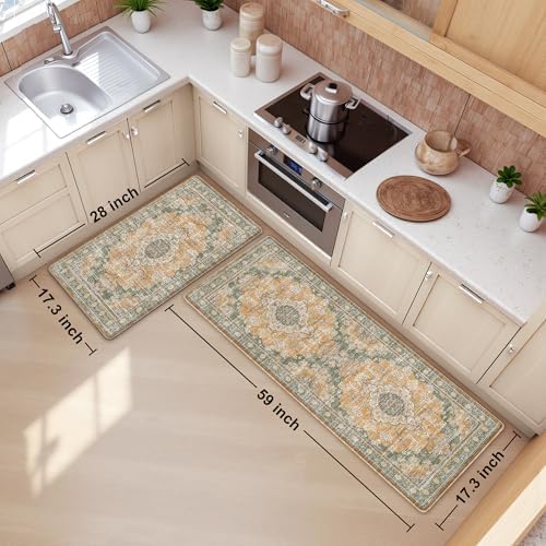 Boho Kitchen Mats for Floor 2PC Anti Fatigue Kitchen Rugs, Green Orange - Image 2