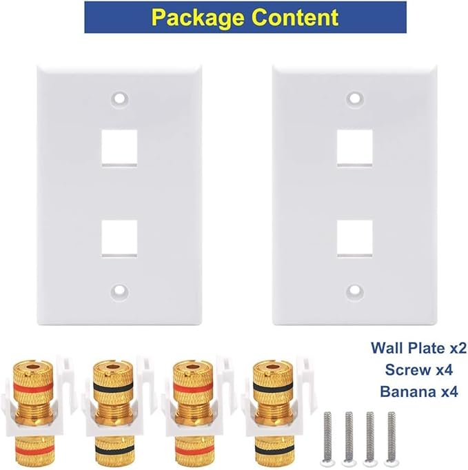 VCE UL-Listed Speaker Wall Plate Gold-Plated, 2-Port Keystone Wall Plate with Banana Jack Binding Post Keystone Jack Insert for Speakers, 2 Pack