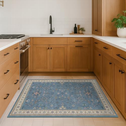 Washable Blue Rugs for Entryway Indoor - 3x4 Throw Rug for Large Kitchen, Bedroom Bedside, Bathroom, Mudroom, Boho Eclectic Modern Décor, Non Slip Low Pile Fade Resistant - Image 3