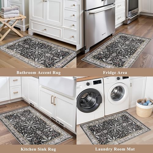 Kitchen Rugs Set of 2 Washable Non Slip – Soft Low Pile Boho Floral Decorative Area Rugs & Runner Mats for Kitchen Floor, Entryway, Hallway, Doorway & Bathroom – Indoor Small Rugs (Black, 2x3+2x4) - Image 4