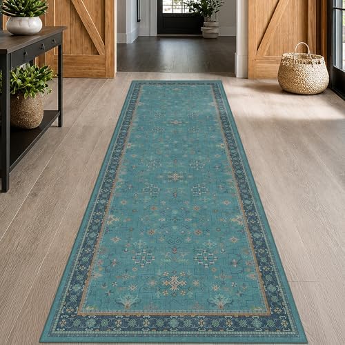 Hazo Haus Teal 10ft Long Hallway Runner Rug - 3 x 10 Runner Rug, Boho Washable 3x10 Kitchen Floor Mat - Vintage Eclectic Boho Design Décor by HazoHaus