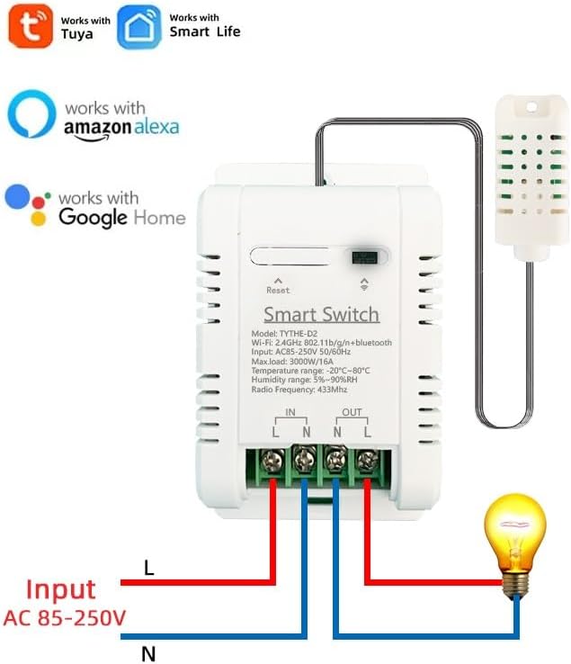 MHCOZY WiFi Wireless Temperature Controller,Include Temperature Probe Sensor ,Tuya app Remote 16A Smart Switch with Energy Consumption Monitoring,Work with Alexa Google (Temperature and Humidity)