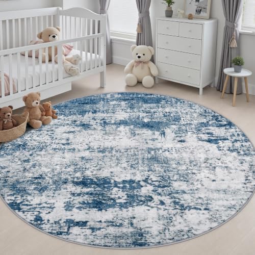 Round Area Rug Living Room: 8 ft Modern Washable Carpet Blue - Image 5