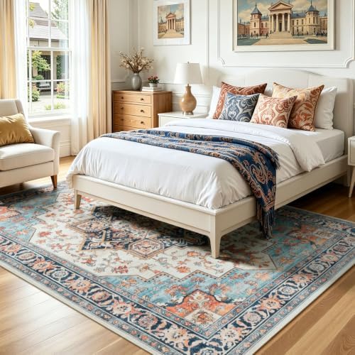 Lofus Washable Rugs 5x7 for Living Room, Blue and Orange Vintage Carpet - Image 2