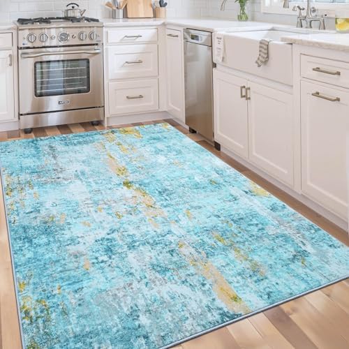 Area Rug 4x6 Teal Blue Rug Washable Boho Rugs Non Slip Low Pile Abstract Small Carpet for Entryway, Bedroom, Kitchen, Classroom, Kids Room, Office, Dorm, Dining Room - Image 5