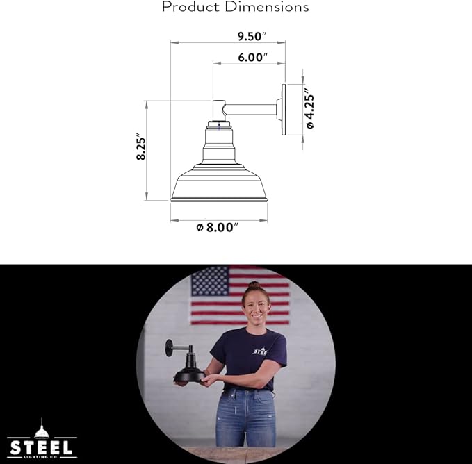 Steel Lighting Co. Hawthorne Barn Light | Outdoor Wall Mounted | 8 inch Dome | 6 inch Straight Arm| Small Farmhouse Light Made in America | Matte Black Exterior/Brass Interior