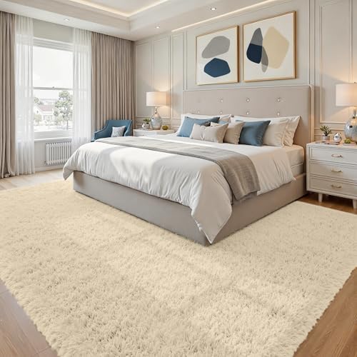 8x10 Fluffy Shag Area Rugs for Living Room Bedroom: Soft Plush Carpet Beige - Image 4