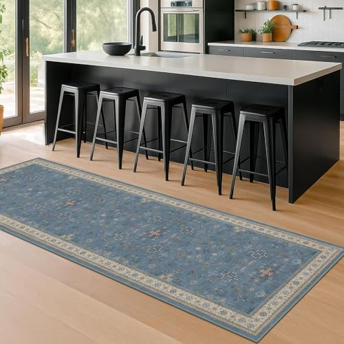 Light Blue 2x7 Washable Kitchen Runner - Boho Non Slip Runner Rug for Hallway, Bedroom Beside Bed,Entryway, Low Pile Floral Eclectic Unique Runner Décor by HazoHaus