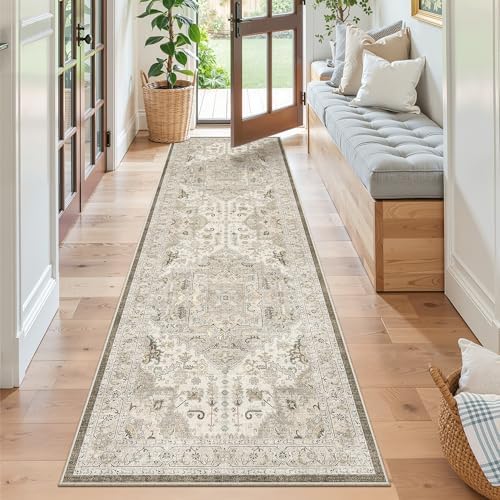 Madane Kitchen Runner Rug 2x7 with Rubber Backing Non Slip, Ivory/Brown - Image 3