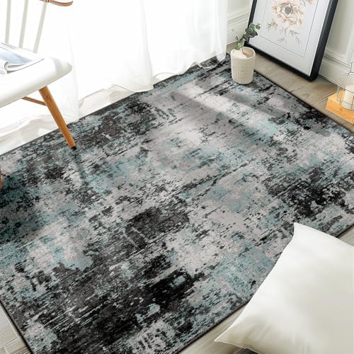RELEANY Washable 3'x5' Abstract Area Rug for Living Room Teal Black by RELEANY