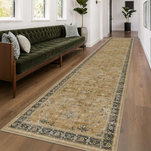 Hazo Haus Washable Earthy Tone 3x20 Extra Long Hallway Runner Rug, Boho Kitchen Floor Rug Indoor, Non-Slip Stain & Fade Resistant, Vintage Rustic Brown and Charcoal Olive Floral Décor - Image 3
