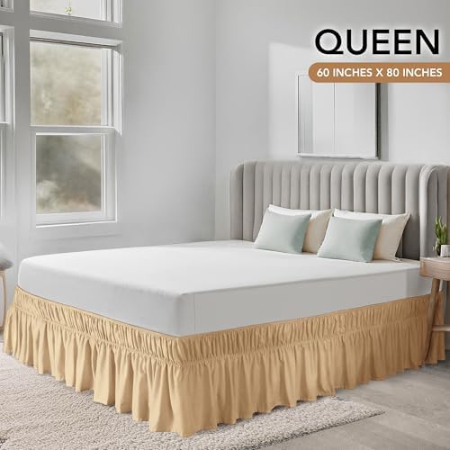 Wrap Around Queen Bed Skirt, Easy Fit Elastic Belt, 16 Inch Drop, Beige - Image 2