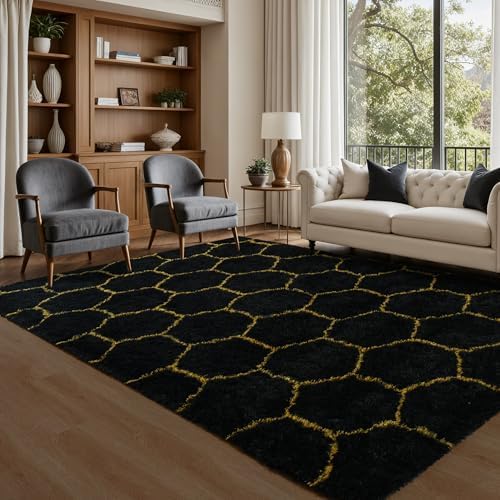 Noahas 5x7 Black Gold Fluffy Soft Area Rug Non-Slip for Living Room Bedroom - Image 3