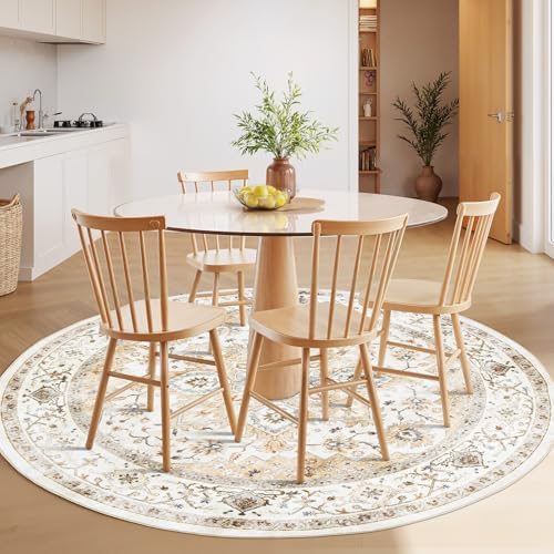 Amada Round 4x4 Washable Area Rug for Living Room, Beige, Vintage Style - Image 3