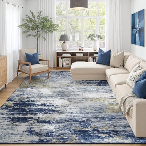 9x12 Area Rug for Living Room, Abstract Washable Large Rugs, Dark Blue by Lofus