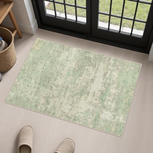 2x3 Washable Entryway Rug: Modern Abstract Soft Carpet Green Cream by FXRHLP