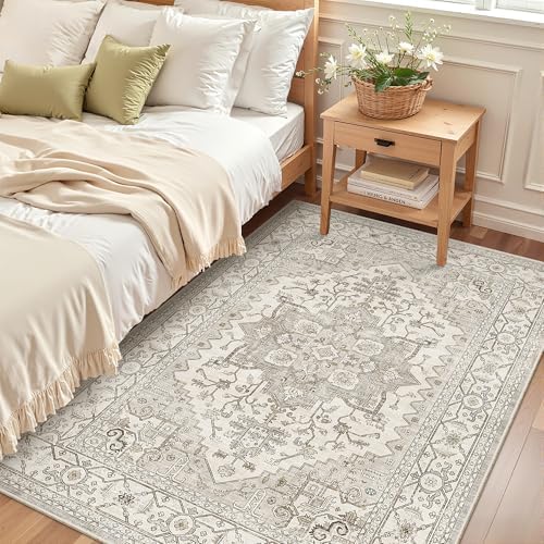 Madane Area Rug 3x5, Washable Vintage Entry Rugs for Bedroom, Beige/Brown - Image 4