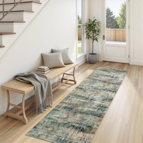 2x 10 Area Rug for Hallways, Abstract Washable Runner Rugs,Coffee/Green by Lofus