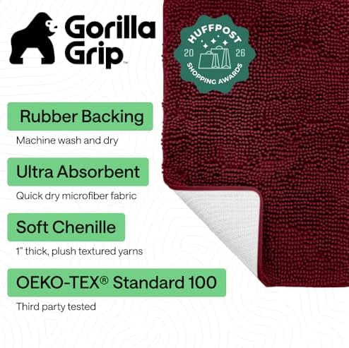 GORILLA GRIP Bath Rug Mat for Bathroom, Absorbent Chenille, 44x26 Burgundy - Image 2