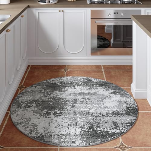 Round Area Rugs 4ft Washable Grey Circle Rug for Entryway Kitchen, Non Slip Soft Low Pile Stain Resistant, Boho Circular Carpet for Living Room Bedroom Dorm Dining Room Table, Abstract Gray - Image 3