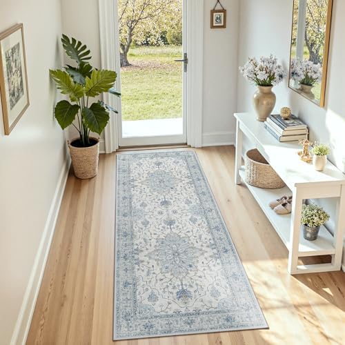 RELEANY Washable Area Rug, Runner 2'6"x8', Blue/White/Gray by RELEANY