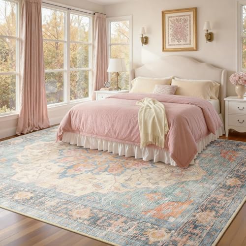 RELEANY Washable Area Rug, Large 9'x12', Blue/Orange/Red - Image 2