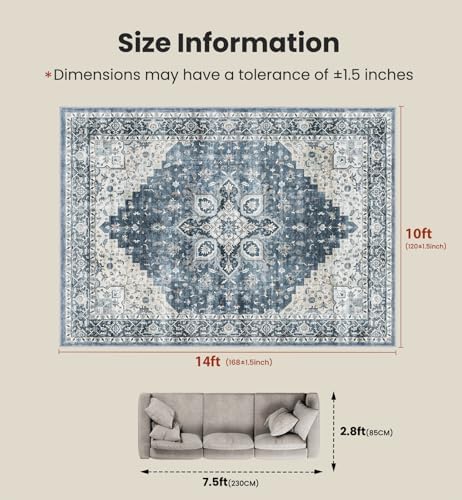 Amada Large 10x14 Washable Area Rug for Living Room, Blue, Vintage Pattern - Image 2