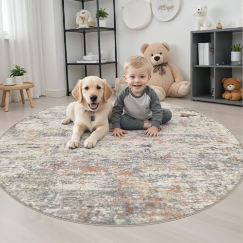 Round Area Rug Living Room: 5 ft Modern Washable Carpet Taupe - Image 3