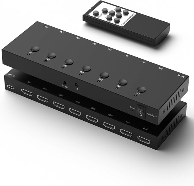 RuiPuo 7Port HDMI Switcher 4K@60Hz 7In 1Out HDMI Selector with IR Remote Supports Full HD 4K/1080P/3D & HDCP2.2 for Switch,Xbox,PS4/PS5,Fire Stick,Roku,Apple TV etc.
