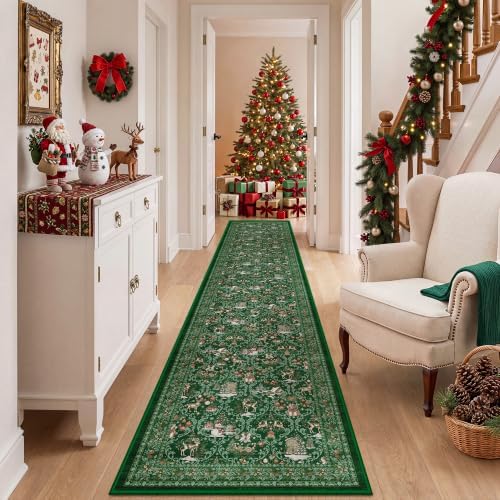 2x10 Christmas Runner Rug for Hallway,Washable Kitchen Rugs,Green - Image 3