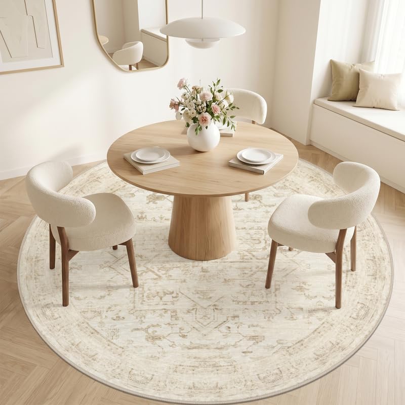 Round Area Rug Living Room: 6ft Washable Carpet Beige/Brown - Image 2