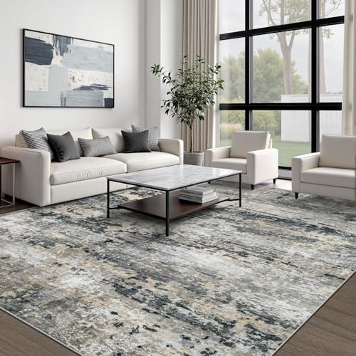 pmtsns Area Rugs 9x12 for Living Room: Washable Rug Modern Abstract Neutral Soft Non-Slip Low-Pile Indoor Large Carpet for Bedroom Dining Room Playroom Home Office (Black Grey Brown, 9'x12') - Image 2
