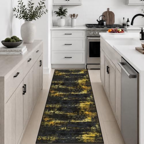 2x6 Washable Runner Rug：Modern Abstract Soft Carpet Black Gold by FXRHLP
