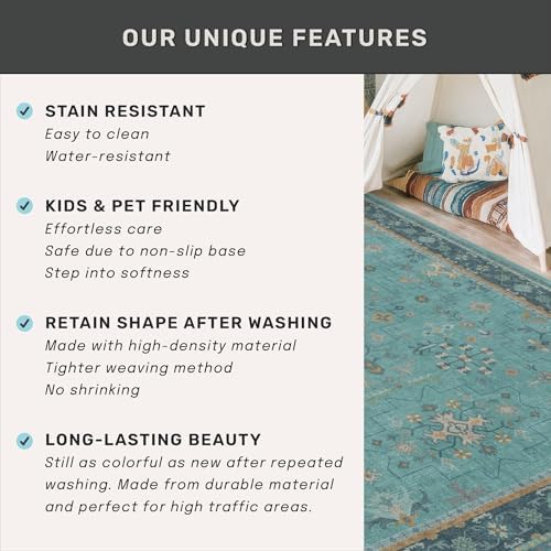 Boho Teal 6x8 Rug for Living Room, Washable Area Rugs for Bedroom, Dining Room Under Table, Vintage Turquoise Décor Indoor, Low Pile & Soft Carpet - Image 5