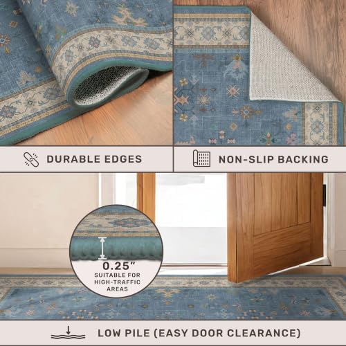 Hazo Haus Boho 2x5 Kitchen Rugs Non Slip - Washable Blue Runner Rug for Bedroom Beside Bed, Laundry Room, Hallway, Non Slip with Rubber Backing, Floral Eclectic Unique Runner Décor - Image 5